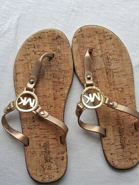 Michael Kors Rose Gold Logo Cork Thong Sandals